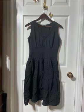 Sleeveless Black V-Neck Coro Eyelet Smocked Midi Dress
